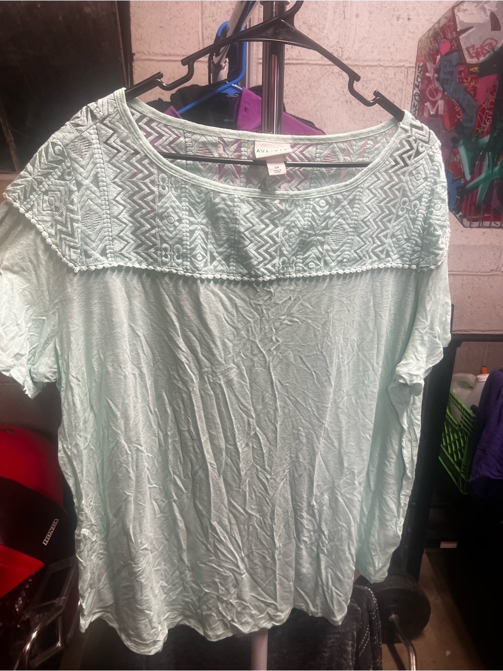 Ava & Viv Mint Green Embroidered Yoke Short Sleeve Top